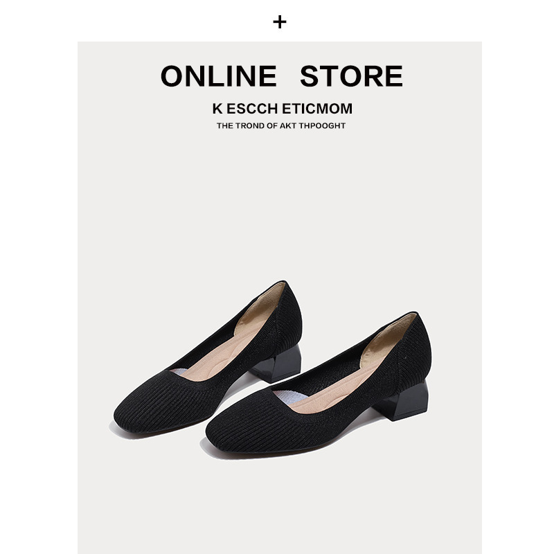 Foreign Trade Japanese Princess Shoes Middle Heel Shallow Mouth Single Shoes Thick Heel Knitted Square Head Flying Woven Soft Bottom Breathable High Heel Women's Spring and Autumn