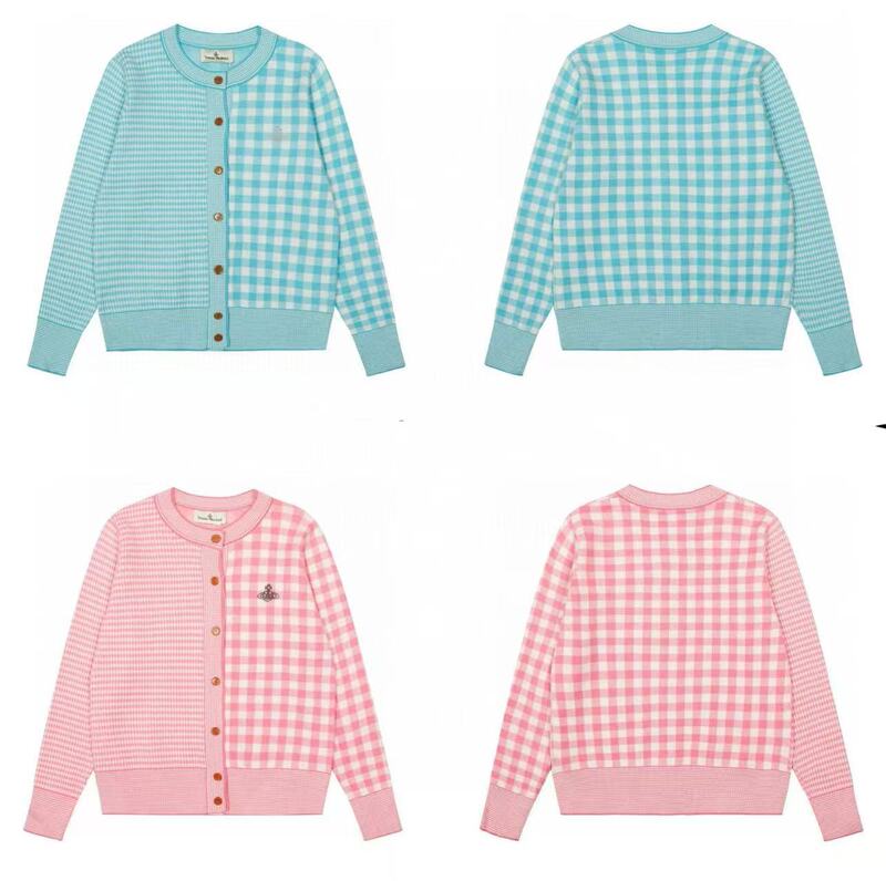 Vivienne Westwood 25 Years Autumn and Winter New Korean Style Versatile Girly Saturn Embroidered Plaid Cardigan