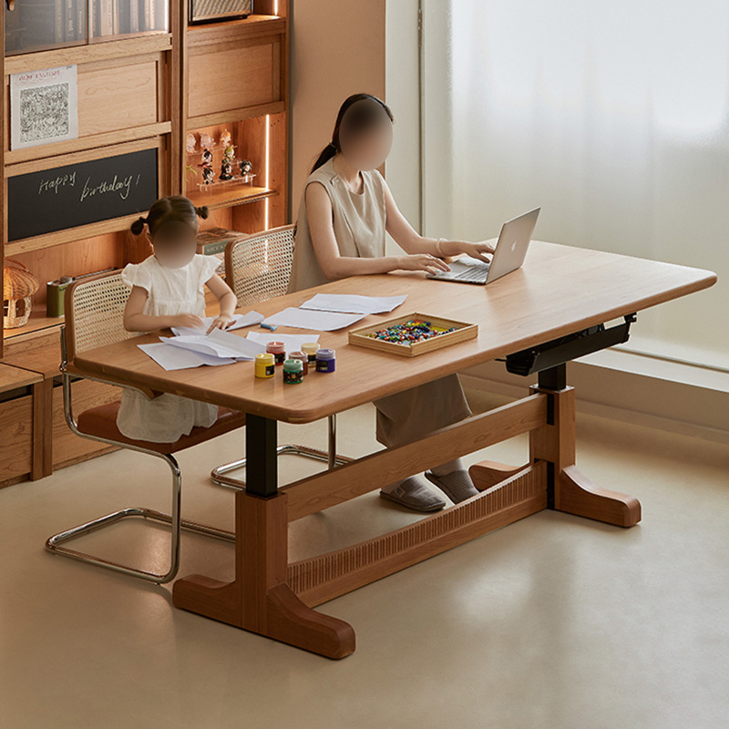 Mesa elevadora eléctrica, mesa de comedor de tablero grande, color de madera de cerezo, fuera de la sala de estar, escritorio largo, banco de trabajo de madera maciza, oficina doble
