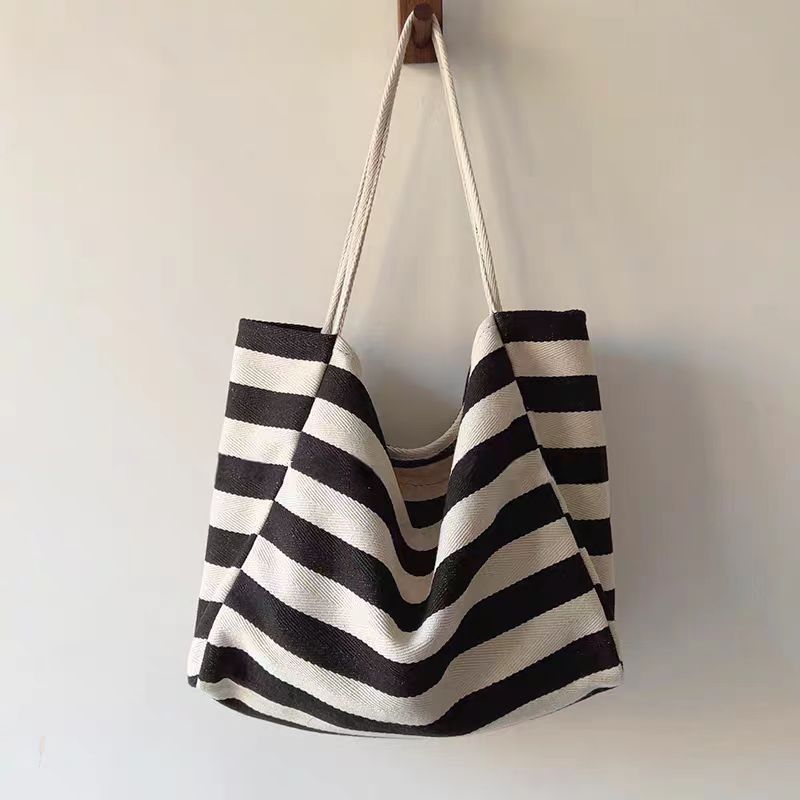 Contrast Stripe Canvas Tote Bag, Large Capacity Shoulder Bag_voghion.com