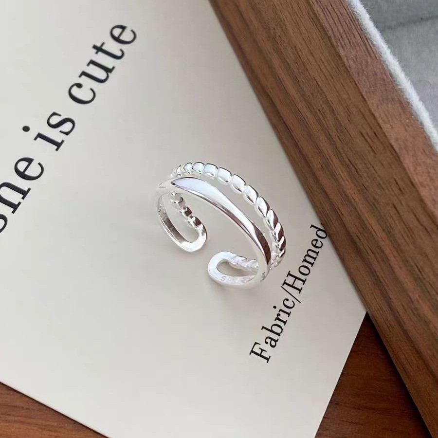 Korean Version of Dongdaemun Style Double-Layer Ring for Women, Simple and Elegant Hollow Line Ins-Style Adjustable Open Ring