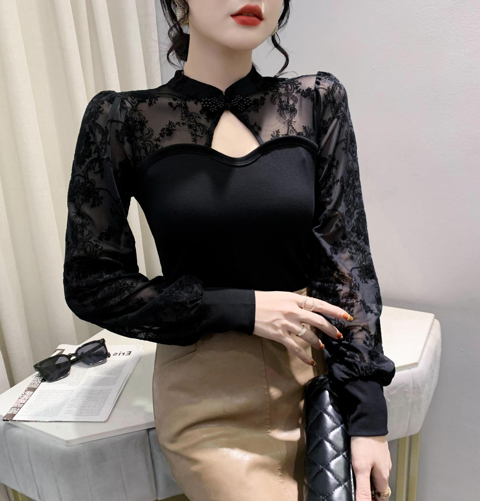Real shot 2023 otoño nuevo impreso costura diseño retro chic stand collar manga larga Camiseta tocando fondo para mujeres image 4