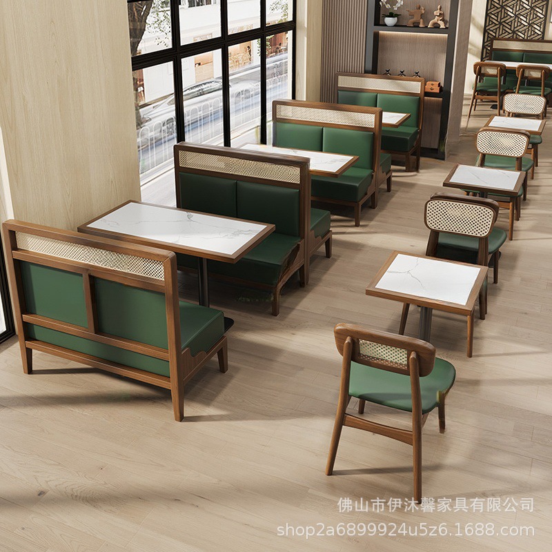 Trendy Japanese-Themed Restaurant Rattan Booth Seating Snack Noodle Shop Custom-Made Solid Wood Table and Chair Set Dining Furniture