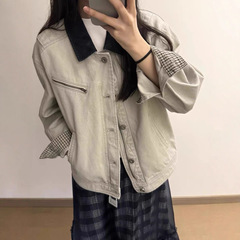 撞色拼接翻领长袖夹克衫 2025秋季新款宽松大码开衫外套女