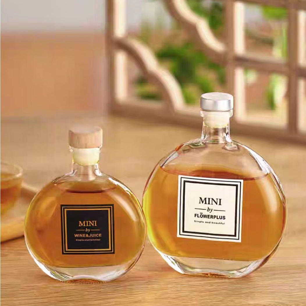 晶白料250ml果酒瓶自酿桃花酒杨梅酒玻璃瓶空瓶500ml扁圆玻璃酒瓶