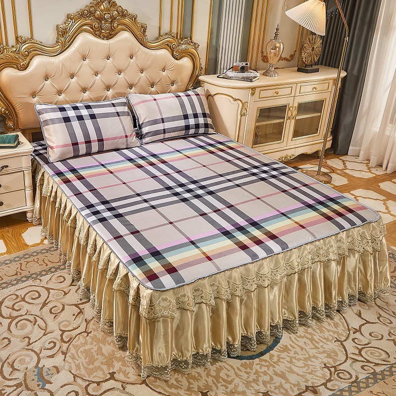 简约格纹床裙式软席多规格空调软席配枕套三件套透气凉席套件批发|ms