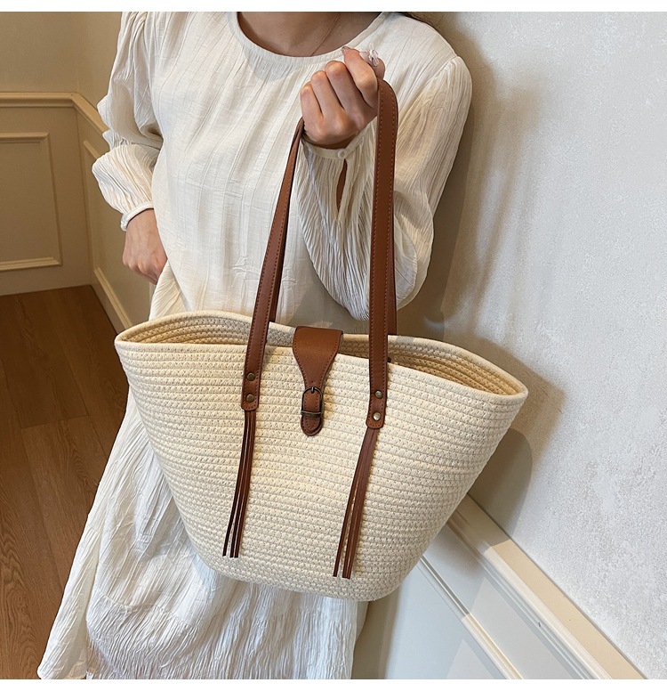 1125g Weight Weave Fashion Element Lock clasp Closure Type Double Shoulder Straps Strap Type Straw Bag Bags Type Casual Occasion cotton rope Material Solid Color Pattern Spring&Summer Season Women's Gender Beach Style Bucket Shape Large Size Women's Large Cotton Rope Solid Color Beach Weave Bucket Lock Clasp Straw Bag 18