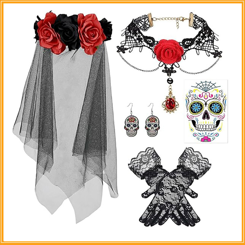 Halloween Gothic Rose Mesh Veil Headband Lace Necklace Luminous Face Stickers Cut Out Mesh Gloves