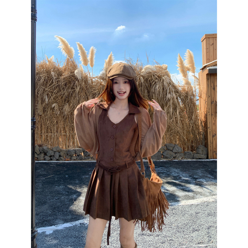 美拉德辣妹显瘦领背心皮绒百褶连衣裙+蝙蝠袖针织开衫两件套女|undefined