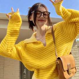 8666感超好看领毛衣女秋冬宽松显瘦气质领条纹显瘦针织衫