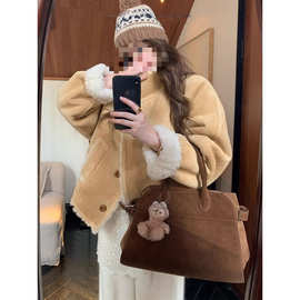 麂皮绒外套女秋冬短款小个子2026新款皮毛一体加厚羊羔毛上衣