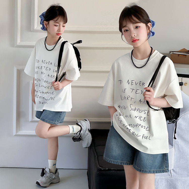 Cross-border Girls' Short-sleeved T-shirt suit Summer 2025 New Arrival Korean Style All-match Half-sleeved T-shirt Loose Top