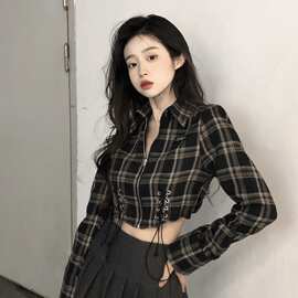 拉链格子长袖衬衫女设计感小众春秋辣妹短款修身收腰露脐显瘦上衣
