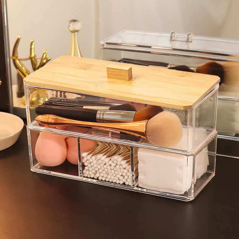 Cubierta de bambú hisopo de algodón caja de almacenamiento transparente portátil tanque de almacenamiento apilado acrílico bola de algodón caja de polvo