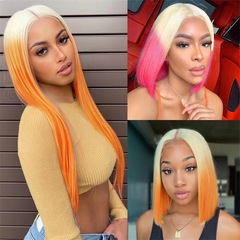 Eurasian human hair wigs for women, cross-border new items, gradient parting, short straight bobo style, gradient pink and orange wigs