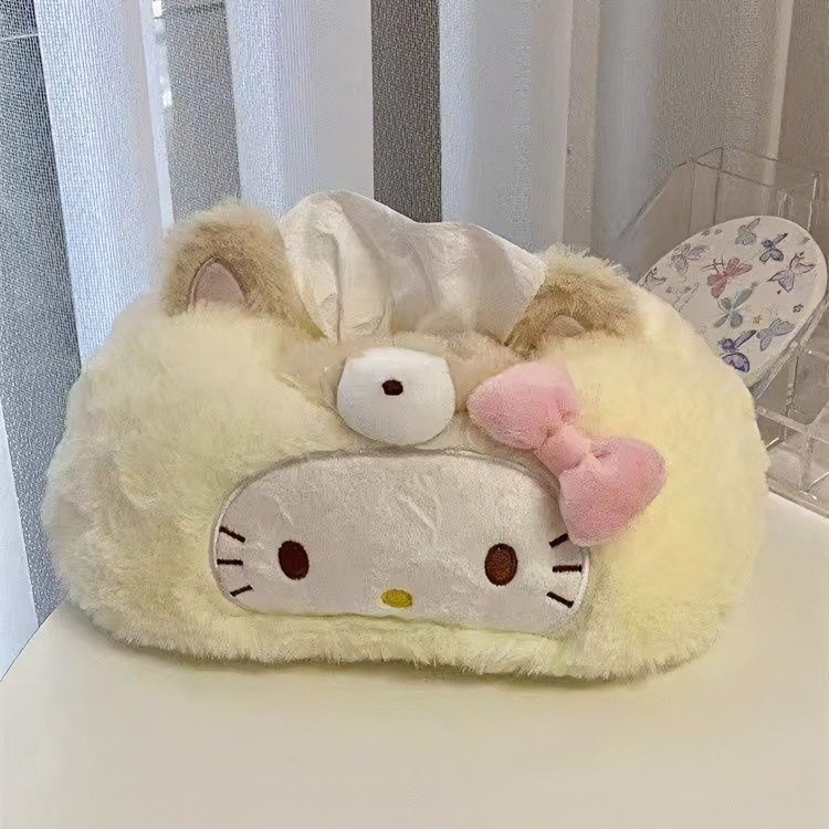 Cute kitty cream yellow plush tissue box for home use in the living room, bathroom, or car