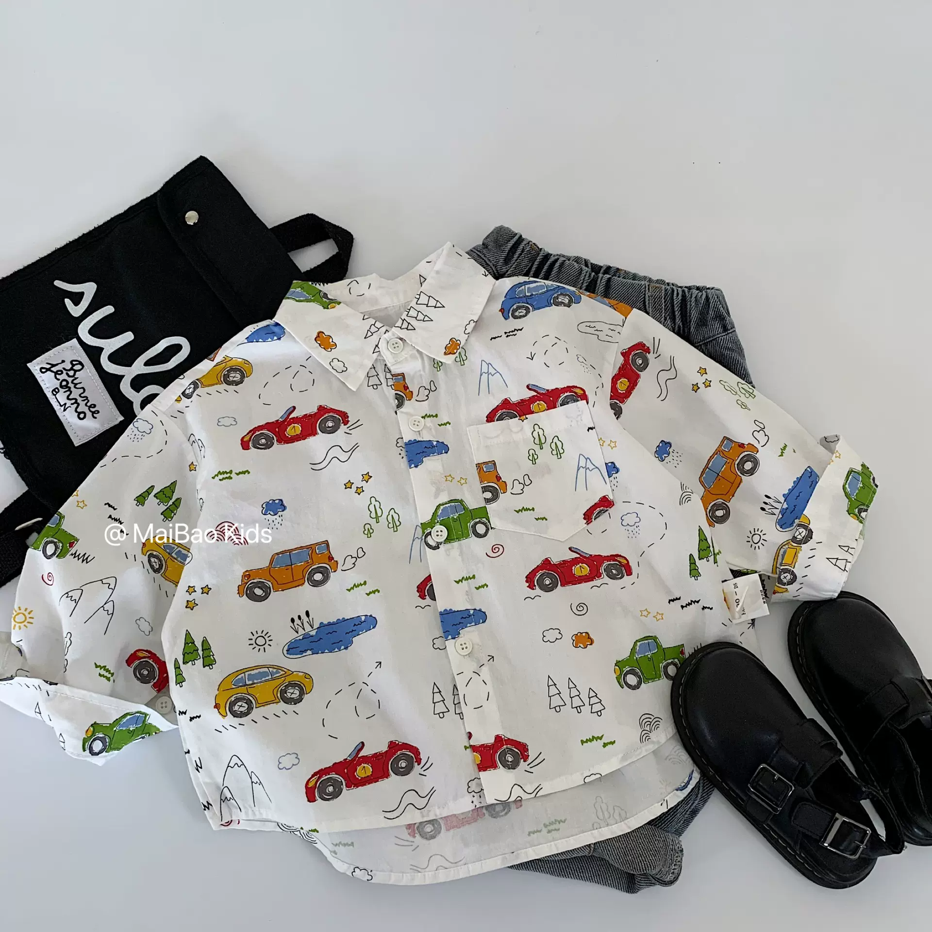 麦宝儿童衬衫2025春秋新款韩版男童卡通小汽车长袖衬衣小童秋装潮