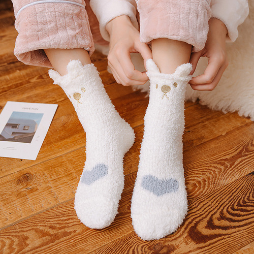 Zhuji Winter Coral Fleece Socks for Women, Thickened & Warm Sleep Socks with Cartoon Embroidery, Mid-Calf Style, Perfect for Home Use and Floor Wear