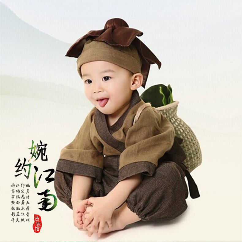 儿童汉服古装国学书童小和尚衣服宝宝僧袍药童锄禾演出服男女夏装|undefined