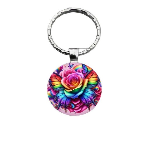 Keychain with a magical and beautiful seven-color divine flower pattern glass pendant, personalized keychain