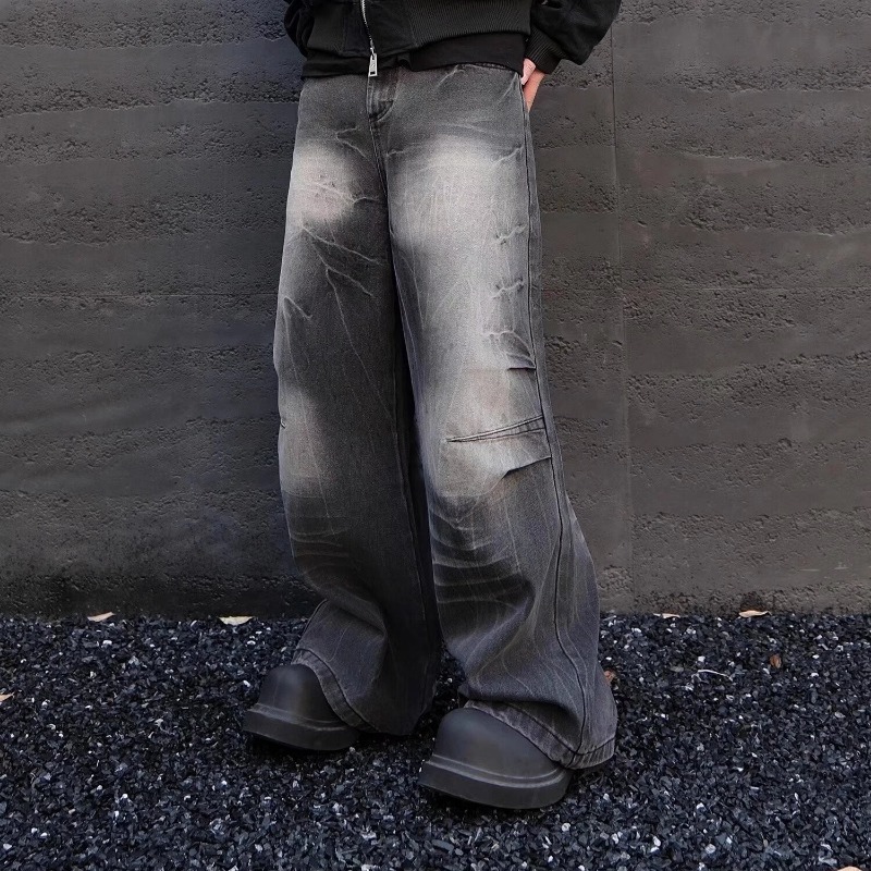 2025 Spring And Autumn American High Vintage Distressed Dyed Paris Ripped Jeans Men's Street Straight Loose Flared Pants_mkmklike.com