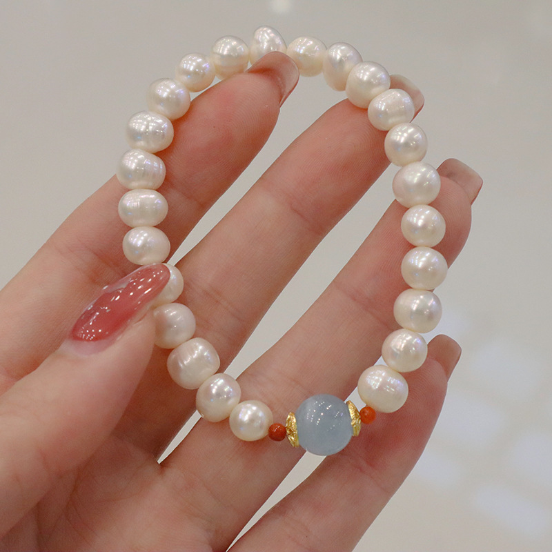 楕円形の特殊な形の淡水パールアクアマリンブレスレット、軽い贅沢、優しく甘い、シンプルでファッショナブルな気質の赤い瑪瑙ブレスレット|undefined