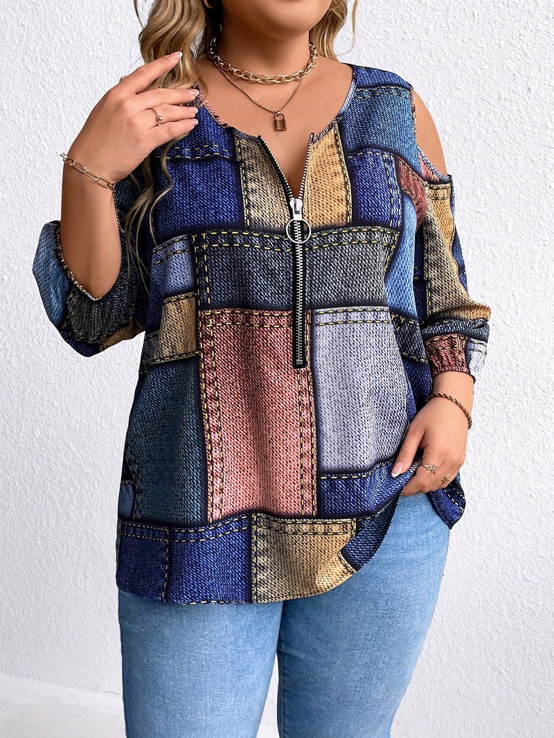 Europa y los Estados Unidos ropa de mujer de tamaño grande otoño y invierno moda nueva cremallera de manga larga decoración de hombro abierto impresión a cuadros suelta chaqueta diaria