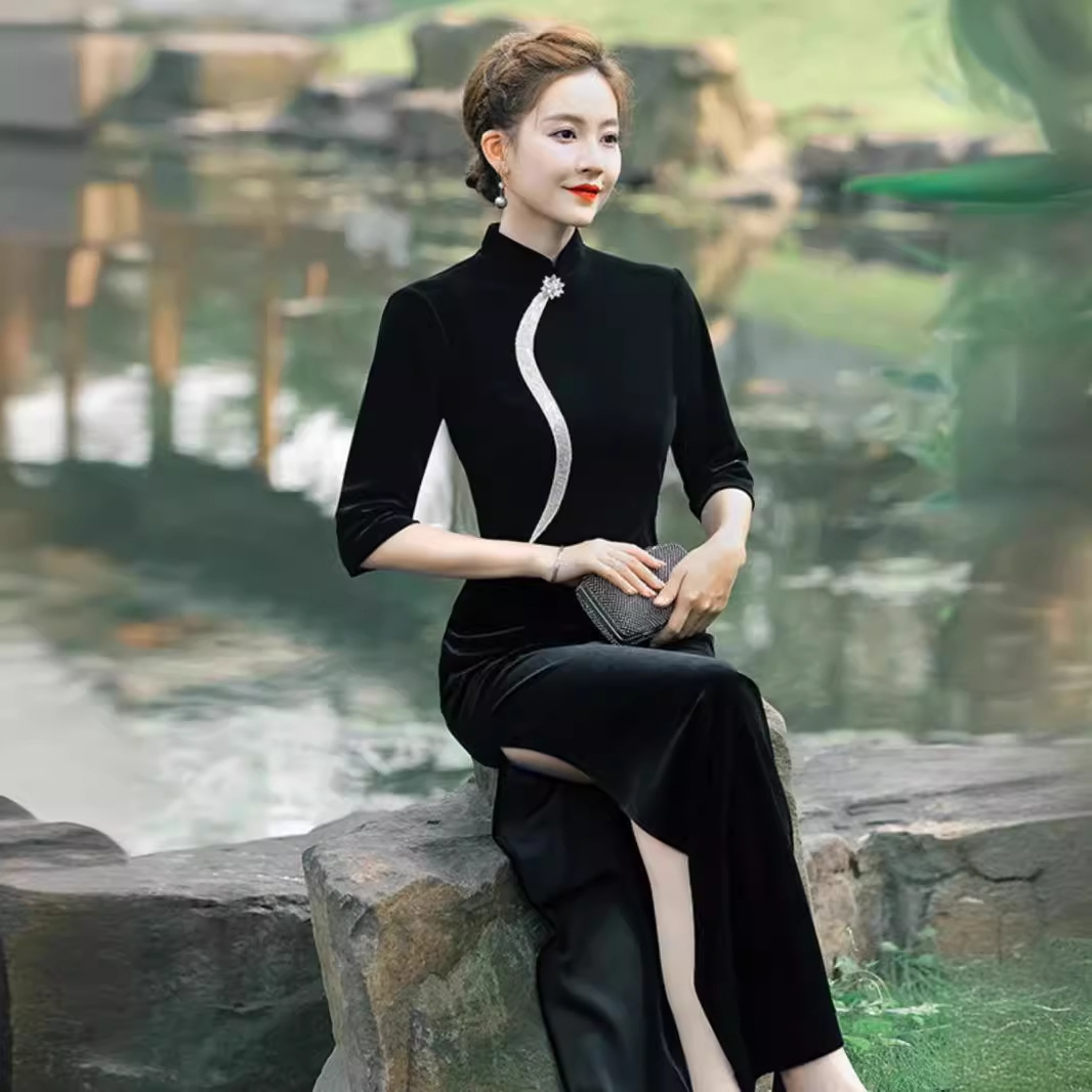 Velvet elegant purple lightweight fashionable cheongsam