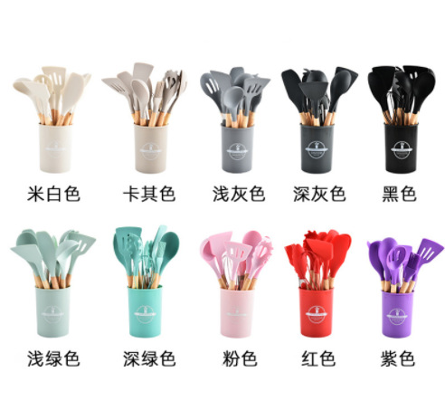 Juego de doce piezas de silicona de grado alimenticio, espátula resistente a altas temperaturas, cuchara, mango de madera de color, combinación de utensilios de cocina de silicona