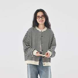 2026秋条纹短款外套女装新款宽松厚款无帽圆领短卫衣