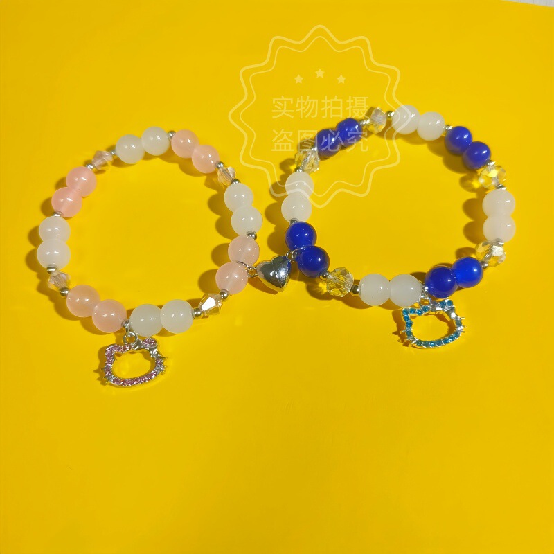 Heart-Shaped Magnetic Clasp Spider Cat Pendant Handmade Beaded Bracelet for Couples and Best Friends, Popular European and American Style