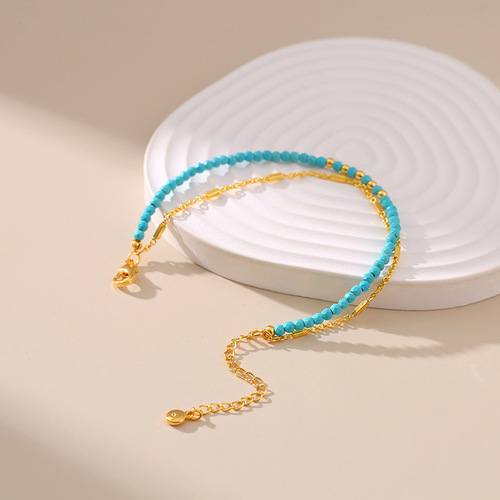 Elegant Turquoise Ethnic Style Bracelet with 18K Gold Plated Chains, Color-Protecting Double Chain Design, Unique Aesthetic Bracelet