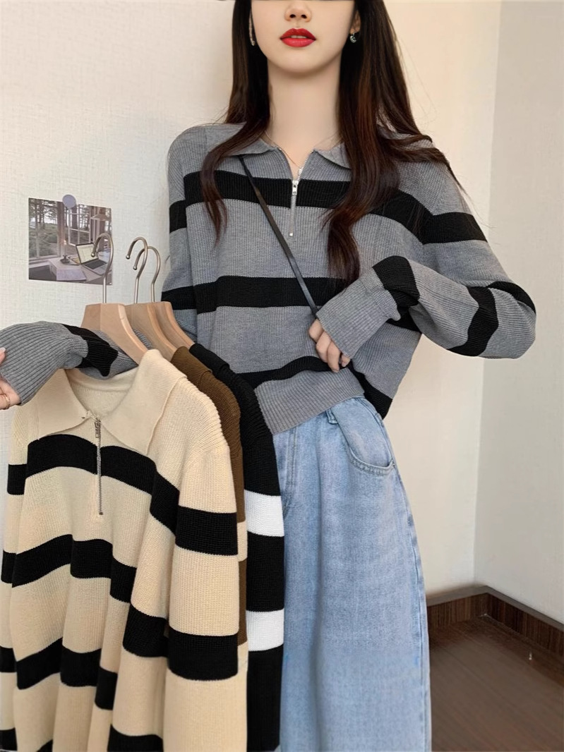 撞色条纹半拉链polo领针织衫女春秋冬宽松慵懒风外搭长袖毛衣外套