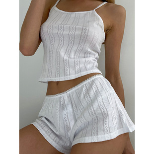 European and American 2025 Summer Sexy Knitted Suspender Shorts Women's Home Clothes Jacquard White Cool Pajamas Two-Piece Set