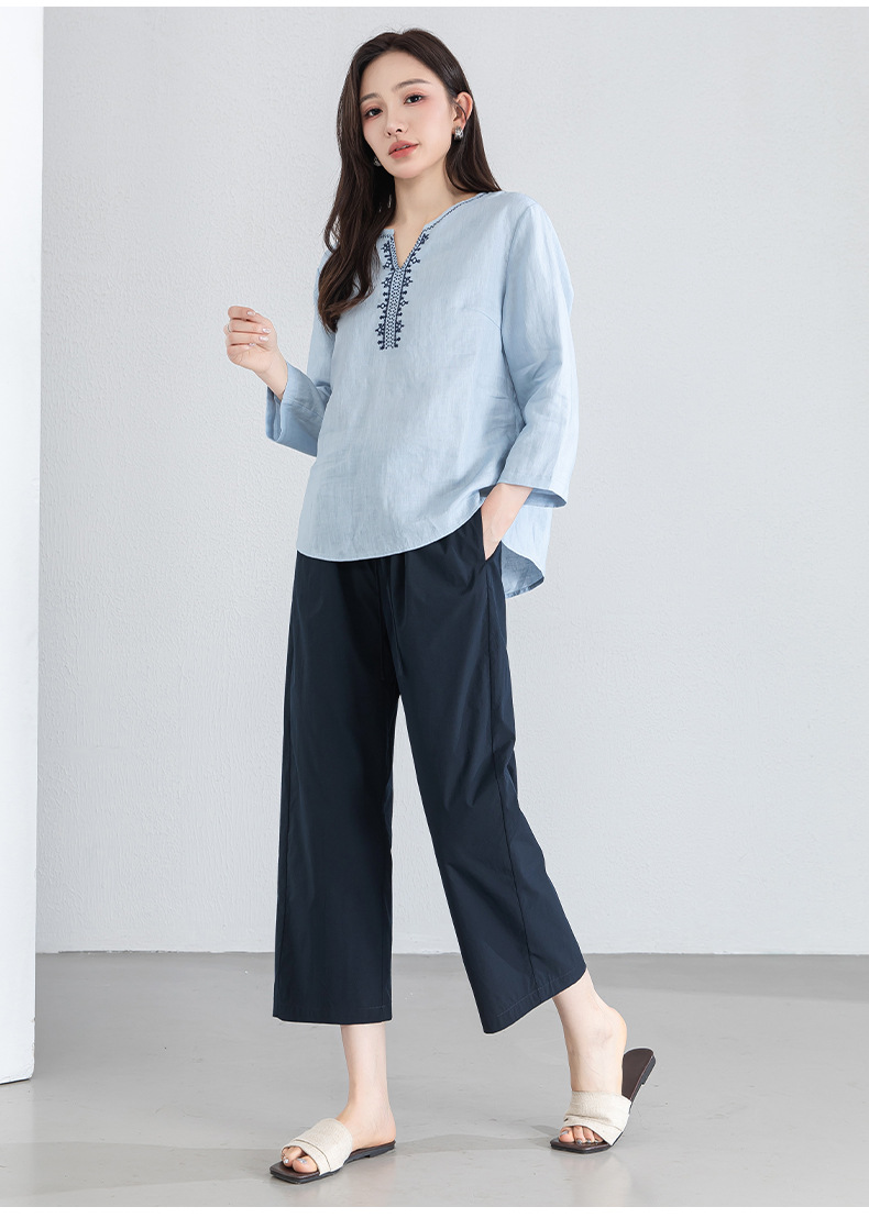 Áo sơ mi nữ linen cổ V thêu hoa tay lỡ rộng — Lời bài hát: Seventeen Sleeves chi tiết 22