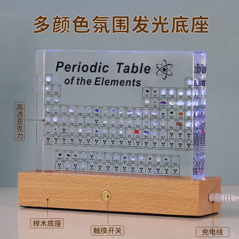 Transparent acrylic chemical element periodic table with embedded 83 specimen display plaque