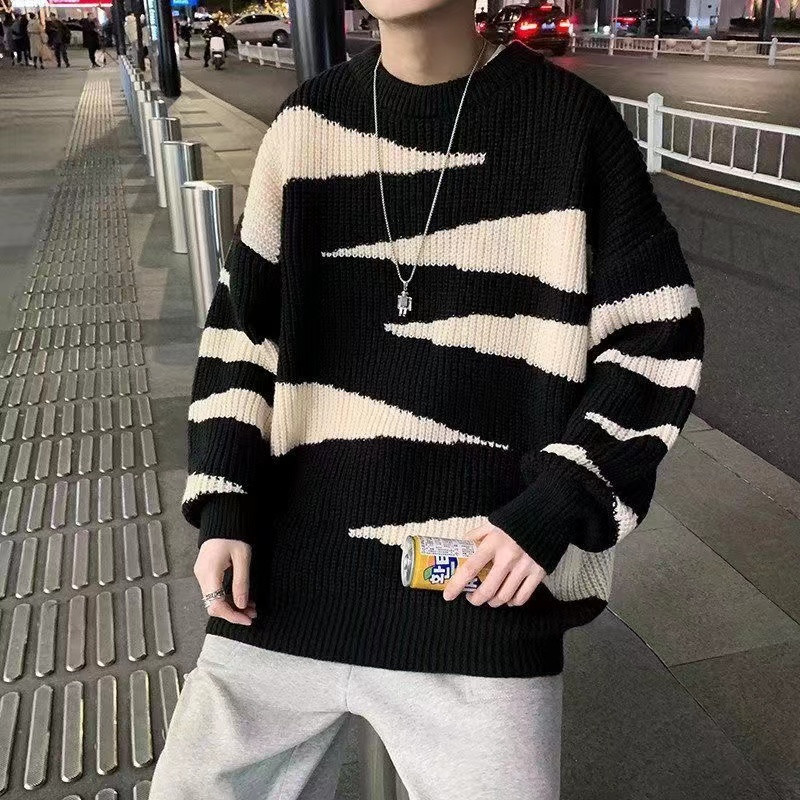 New cross-border autumn/winter style Hong Kong style zebra print sweater for men, round neck, relaxed fit, loose Korean style, niche knitwear trendy