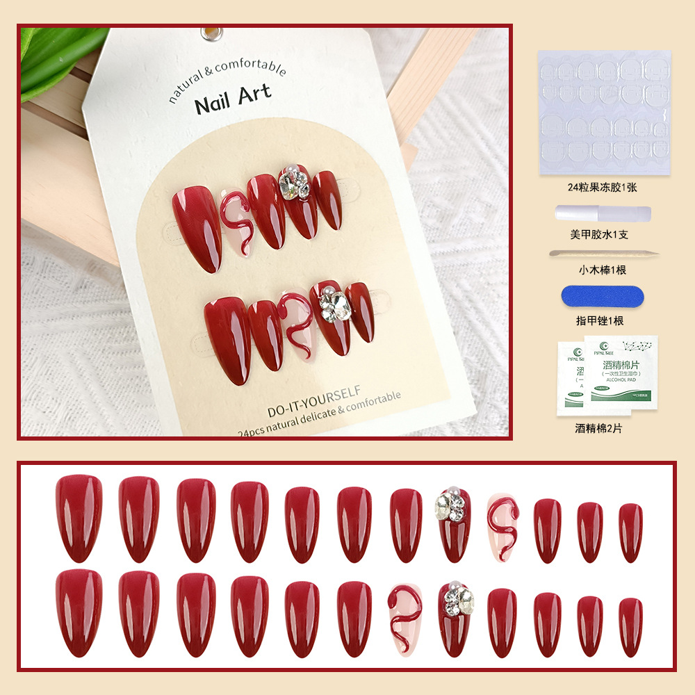 Arte de uñas 3D hecho a mano con fototerapia, arte de uñas con diseño de serpiente color borgoña, pegatinas de uñas cuadradas con diamantes de imitación, 24 piezas. image 8