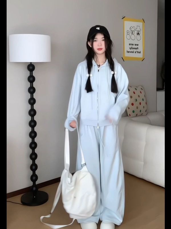 高级感休闲运动套装女秋冬季学生慵懒风连帽开衫卫衣阔腿裤两件套|undefined