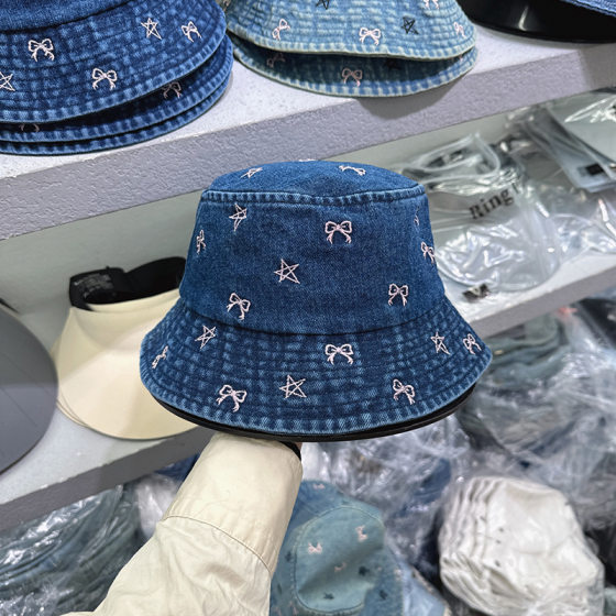 Wholesale Korea 2024 New Bow Embroidered Denim Fisherman Hat Women's Spring and Summer All-match Sunshade Sweet Basin Hat