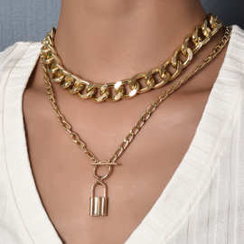 欧美时尚锁型OT扣吊坠 重金属风格锁多层个性古银项链套装