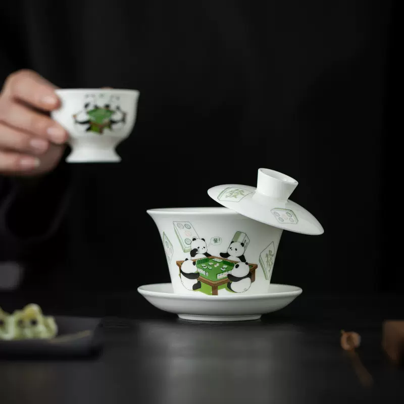 熊猫打麻将陶瓷马蹄盖碗不烫手悬停盖碗二三才陶瓷带盖礼盒定logo