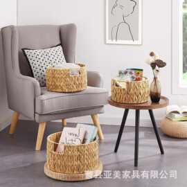 跨境水葫芦草编收纳筐圆形可手提化妆品整理篮客厅玩具零食置物筐