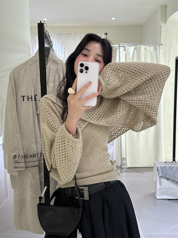 thelimon柠檬绿茶2025秋季设计感镂空针织衫加内搭背心吊带套装女|undefined