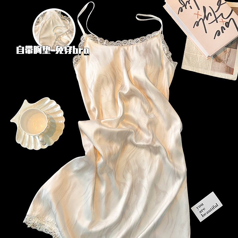 Milk and Ice Silk Nightgown Women's Summer 2024 New Sexy Pure Sling Pajamas with Chest Pad Home Clothes
