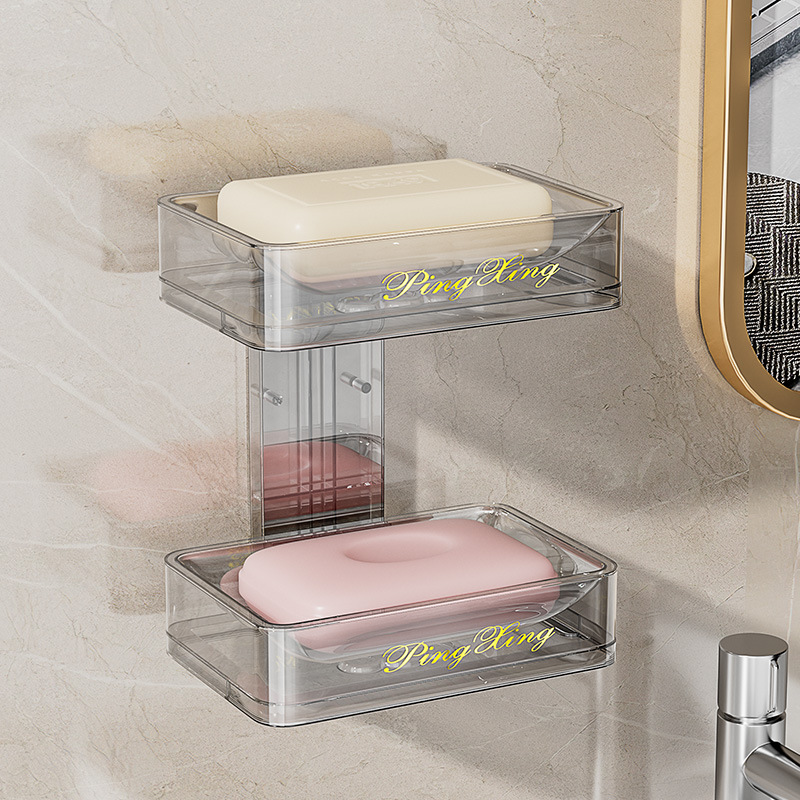 [Caja de jabón transparente gruesa] caja de jabón de doble capa PET de lujo ligero baño montado en la pared estante de jabón de drenaje sin perforaciones