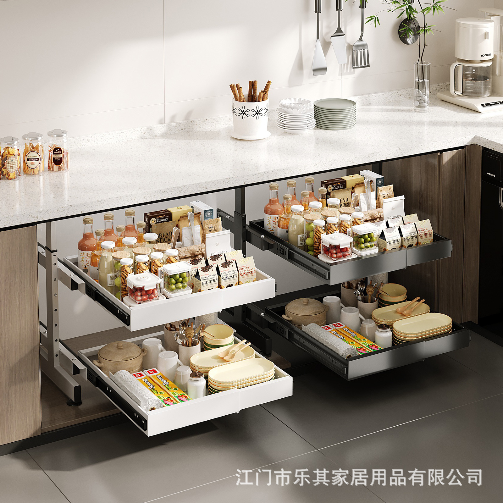 Estante de almacenamiento de platos debajo del gabinete de cocina con cajón incorporado estante de platos tipo extracción de capas sin agujeros de perforación cesta de extracción telescópico