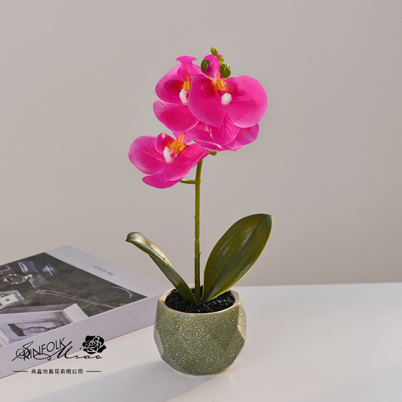 Flor artificial de Phalaenopsis de 4 flores, pequeño bonsái, decoración floral creativa y moderna, adorno, planta verde artificial, planta artificial en maceta image 7