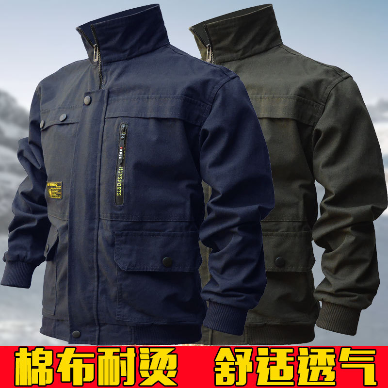 Welding Work Clothes for Men, Heat-Resistant and Wear-Resistant Labor Protection Clothing, Tops and Jackets, Construction Site Welding Work Clothes, Canvas Auto Repair Camouflage Clothes
