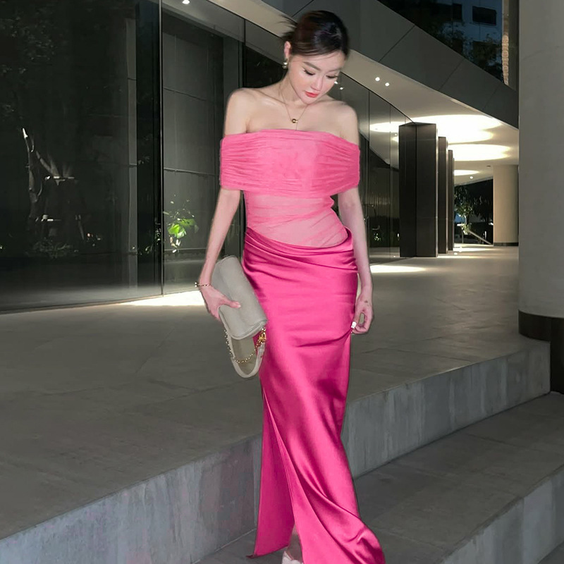 Women's Sexy Off-Shoulder Long Dress New Arrival Summer Semi-Sheer Mesh Panels_ecoleips.com